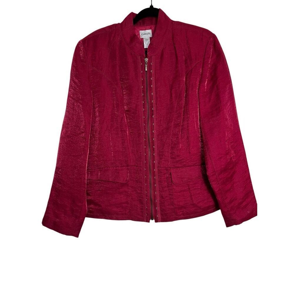 Chico's Blazer Womens 2 Large Red Hooked Neva Linen Blend Full Zip Long Sleeve